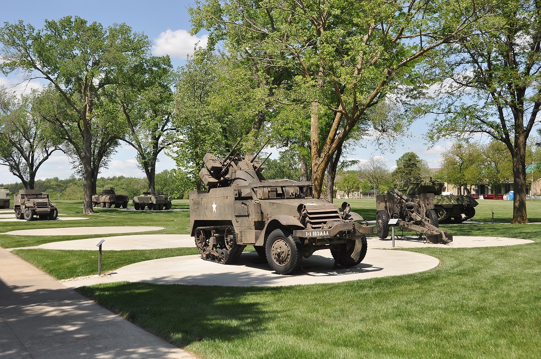 A US Army armed vehicle located outside the US Cavalry Museum on display.